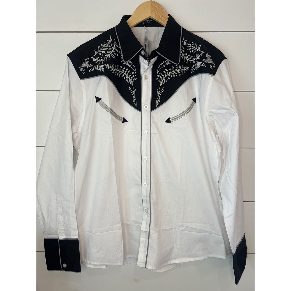 COOFANDY Mens Western Shirt L White Black Embroidered Cowboy Rodeo Long Sleeve